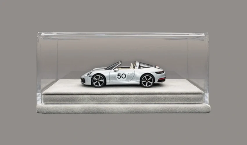 Clear Acrylic 1:64 Scale Model Car Display Case with Grey Faux Suede Base