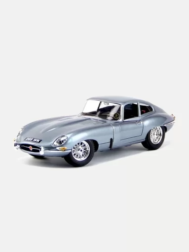 1/18 scale silver 1961 Jaguar E-type Coupe diecast model by Bburago, representing the Classic Cars category.