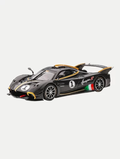 1/64 scale diecast model of the Pagani Huayra R, a high-performance sports car, in black and gold livery