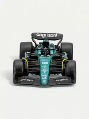 Bburago 1:43 Aston Martin AMR23 #18 Lance Stroll 2023 F1 Diecast Model Car with Driver Figure and Display Case - Front View