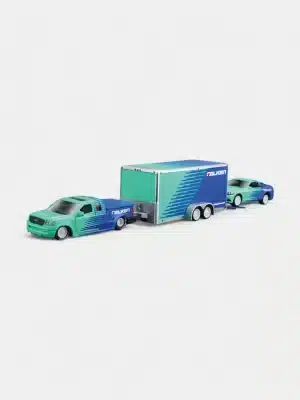 Maisto 1:64 Diecast Model Car Set With Ford F-150 Pickup Truck & Mustang GT & Enclosed Trailer - Falken Tires Livery
