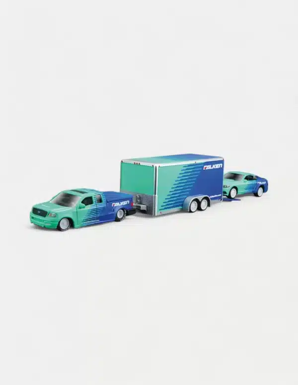 Maisto 1:64 Diecast Model Car Set With Ford F-150 Pickup Truck & Mustang GT & Enclosed Trailer - Falken Tires Livery