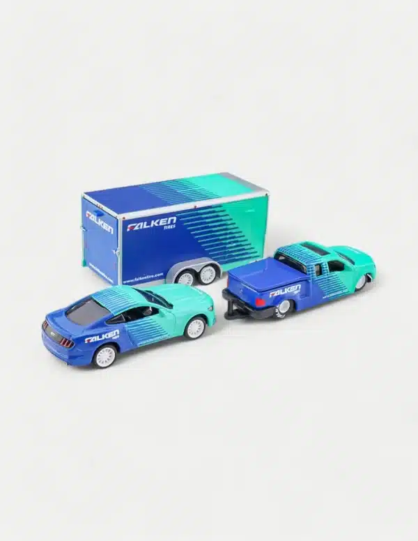 Maisto 1:64 Diecast Model Car Set With Ford F-150 Pickup Truck & Mustang GT & Enclosed Trailer - Falken Tires Livery