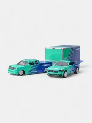 2004 Ford F-150 Pickup Truck with 2015 Ford Mustang GT and Enclosed Car Trailer “Falken Tires” “Team Haulers” Series 1/64 Diecast Model Cars by Maisto