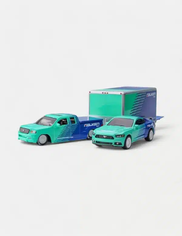 Maisto 1:64 Diecast Model Car Set With Ford F-150 Pickup Truck & Mustang GT & Enclosed Trailer - Falken Tires Livery