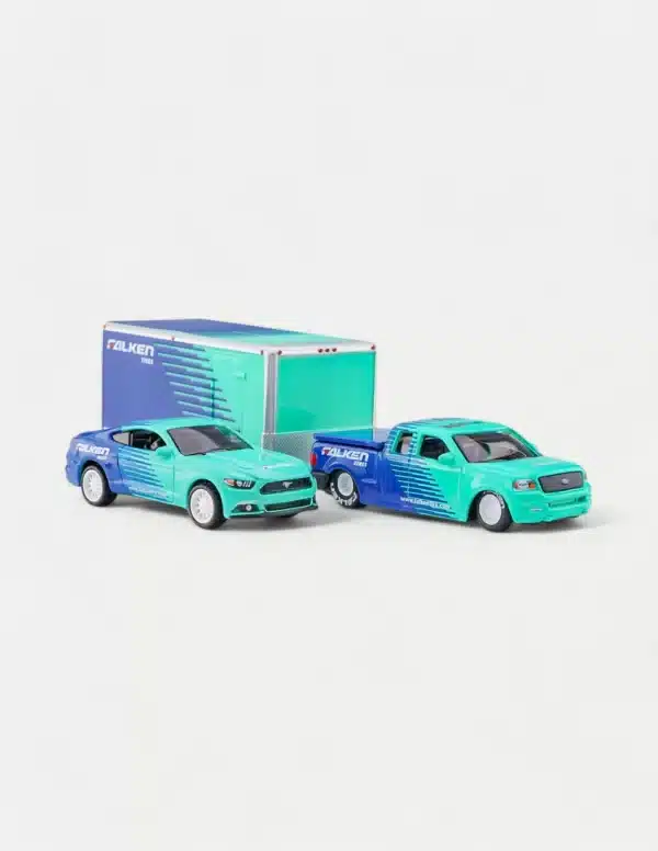Maisto 1:64 Diecast Model Car Set With Ford F-150 Pickup Truck & Mustang GT & Enclosed Trailer - Falken Tires Livery