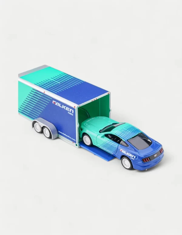 Maisto 1:64 Diecast Model Car Set With Ford F-150 Pickup Truck & Mustang GT & Enclosed Trailer - Falken Tires Livery