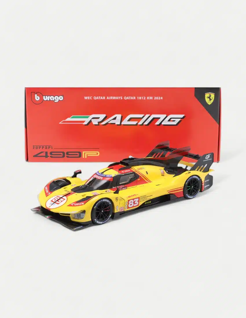 Bburago 1:18 Ferrari 499P #83 Le Mans 2025 winner, a yellow diecast model car shown with its red official racing box.