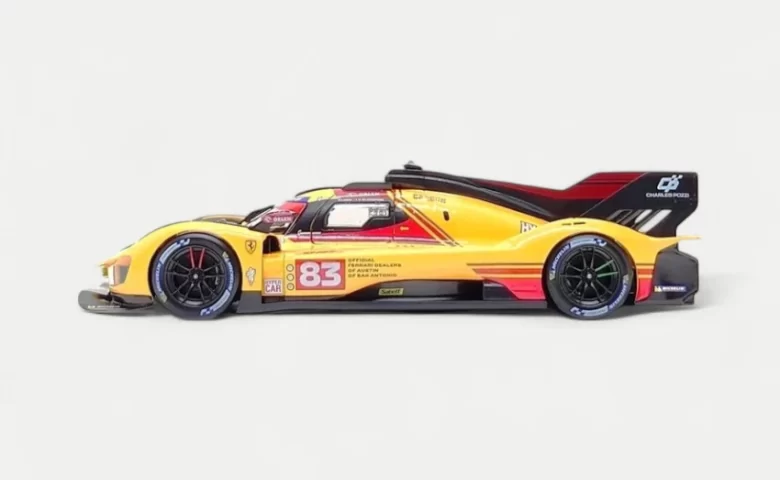 Side profile of the Bburago 1:18 Ferrari 499P Le Mans 2025, showing the full length of its yellow #83 AF Corse livery.