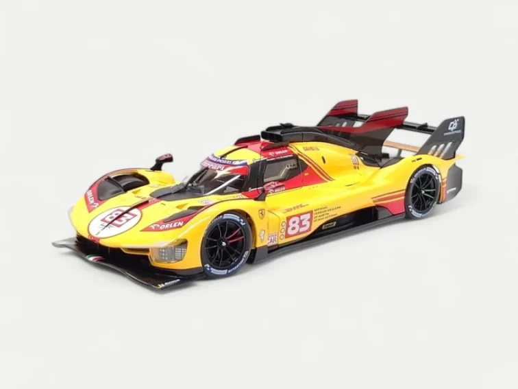 High-angle shot of the detailed Bburago 1:18 Ferrari 499P #83 Le Mans winner 2025 diecast model car.