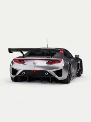 A hero shot of the AUTOart 1/18 Honda NSX GT3 in classic metallic silver, a tribute to the original NSX's heritage.