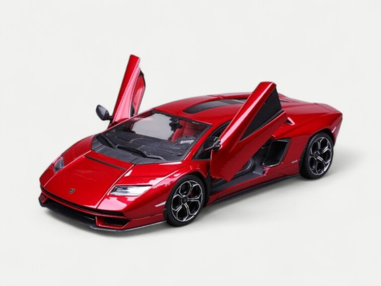 The Bburago 1:24 Lamborghini Countach LPI 800-4 Red diecast model with its iconic scissor doors open, revealing the detailed red and black interior.
