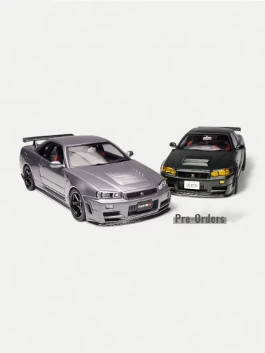 Two highly detailed 1/18 scale Nissan Skyline GT-R R34 models representing the exclusive pre-orders available for upcoming diecast model cars.