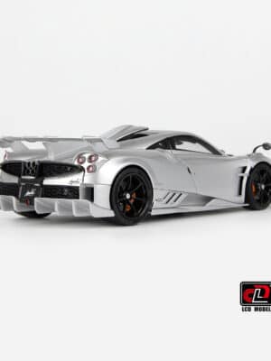 The powerful rear three-quarter view of the Pagani Imola active aero model, focusing on its massive integrated rear wing and central "shark fin."