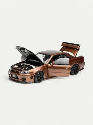 A stunning full-open display of the 1:18 R34 full open diecast model by Motorhelix, with all doors, hood, and trunk open to reveal the detailed interior.