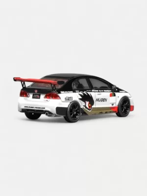 A rear three-quarter view of the Honda Mugen RR Model in 1:64 scale by MOTORHELIX, showcasing its custom mugen livery White and large, functional-style GT rear wing.