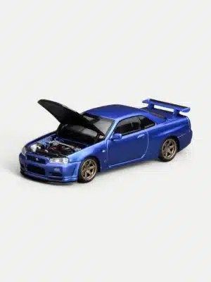 The Motorhelix R34 with RB26 engine revealed, showcasing the innovative pop-up hood feature and detailed motor of this 1:64 scale diecast model.