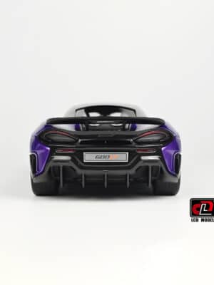 A direct rear view of the 1:18 McLaren 600LT diecast model, showing the iconic top-exit exhausts, carbon fiber diffuser, and "600LT" badge.
