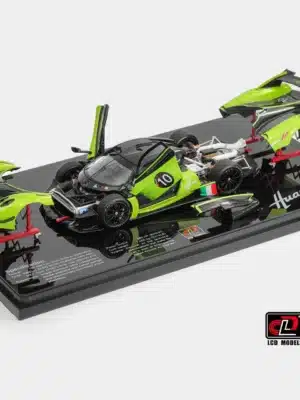 An "exploded" view of the full open 1:43 Pagani model, the Huayra R, showing the main chassis and all of its removable green and carbon fiber body panels.