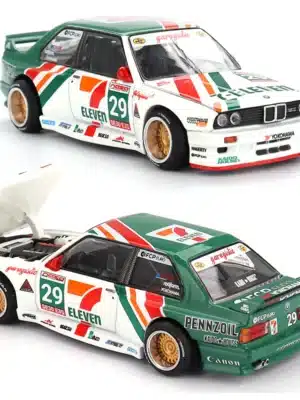Detailed view of the Kaido House 1:64 BMW M3 E30 diecast model, showcasing the open hood and intricate engine bay details.
