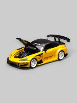 The Motorhelix 1:64 S2000 J's Racing with its carbon hood open, displaying a detailed replica of the iconic Honda F-series VTEC engine.