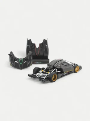 The 1:64 Pagani Zonda R model with its front and rear body panels removed, revealing the highly detailed V12 engine and chassis.