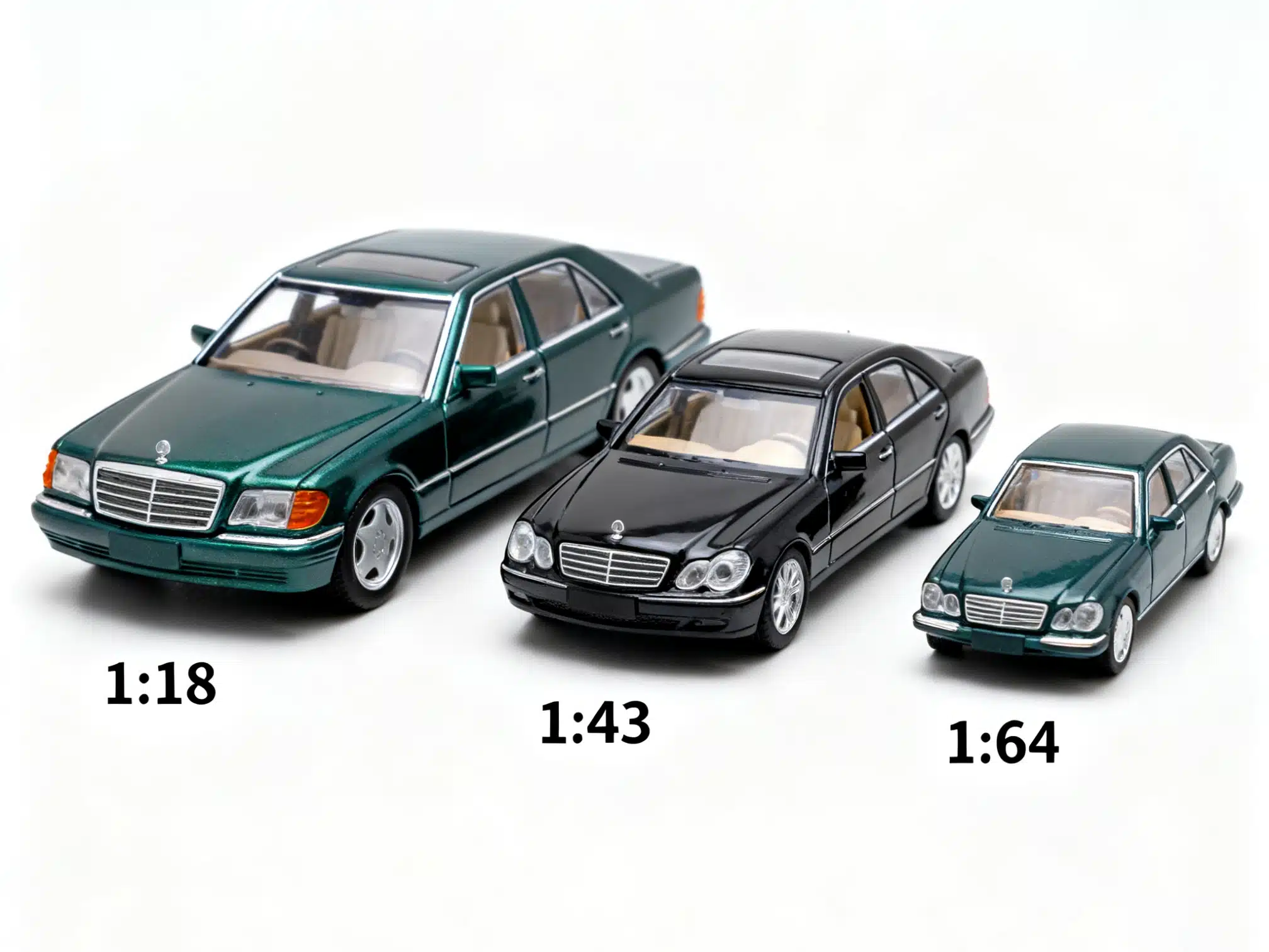 Weye Model Cars' visual guide comparing the three most popular diecast model scales: 1:18, 1:43, and 1:64, for the beginner's guide to collecting.