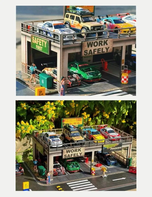 SHOU CANG JIA 1:64 SafeWork Double-Deck Parking Workshop Diorama (LED Light)