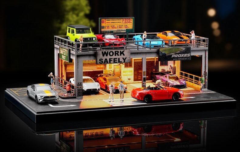 A promotional image of the 1:64 Double-deck Parking Workshop miniature scene filled with various diecast model cars.
