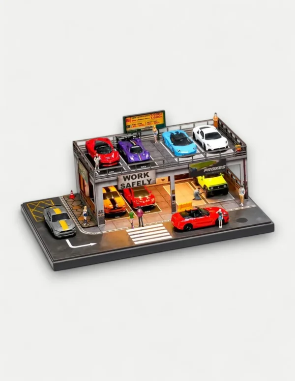 SHOU CANG JIA 1:64 SafeWork Double-Deck Parking Workshop Diorama (LED Light)
