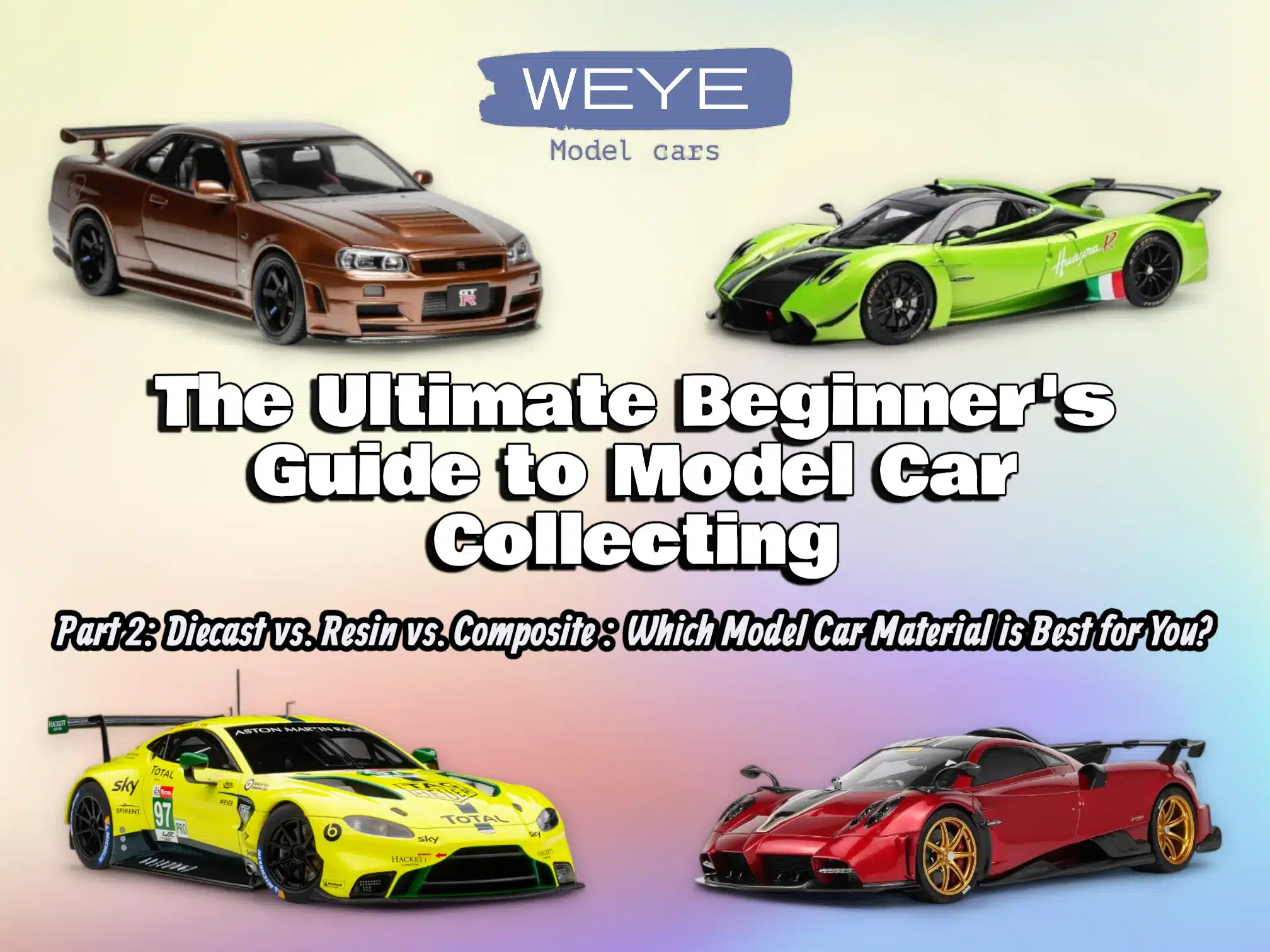 Weye Model Cars' Beginner's Guide Part 2: A visual comparison of model car materials (diecast, resin, composite) featuring four detailed models.