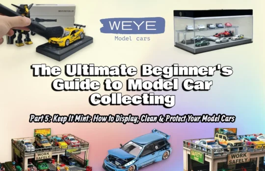 Part 5 of the Weye Model Cars Beginner's Guide, featuring a composite of cleaning tools, display cabinets, and 1:64 dioramas to illustrate proper model care.