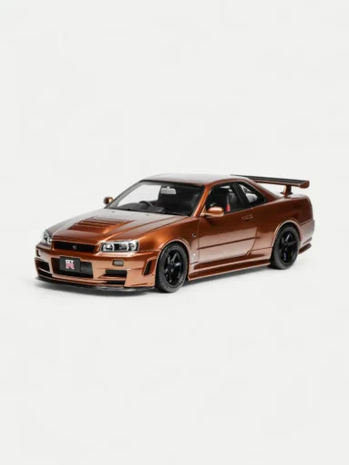 A high-detail diecast model of a modified bronze Nissan Skyline GT-R (R34), representing the exclusive JDM Model Cars category collection.