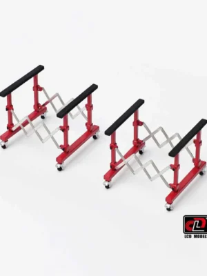 A pair of semi-gloss red 1:43 scale engine cover stands by LCD Models, designed as display accessories for the 1:43 Huayra R.