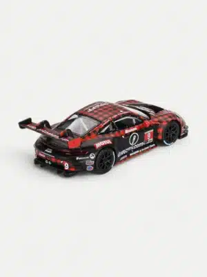 A rear 3/4 view of the 1:64 Porsche 911 GT3 R #9, highlighting the Pfaff Motorsports plaid livery and the large swan-neck wing.