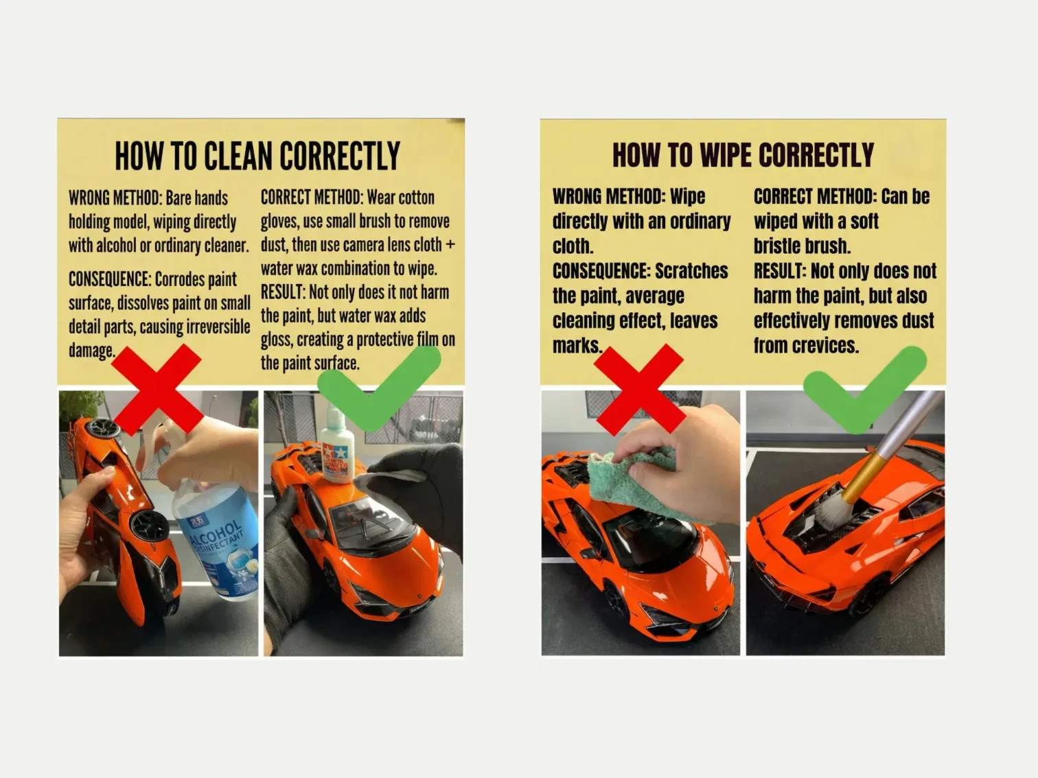 Infographic guide on how to clean diecast model cars correctly, contrasting bare hands and alcohol (wrong) with cotton gloves and soft brushes (correct).
