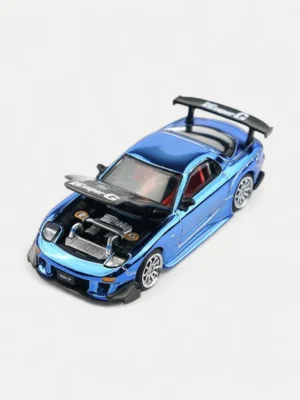 The POP RACE 1:64 Mazda RX7 RE Amemiya diecast model with its hood open, revealing the highly detailed rotary engine bay.