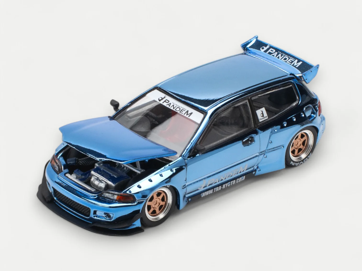 The POP RACE 1:64 Pandem EG6 model with its hood open, revealing the highly detailed engine bay, a key feature of this diecast model.