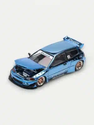 The POP RACE 1:64 Pandem EG6 model with its hood open, revealing the highly detailed engine bay, a key feature of this diecast model.