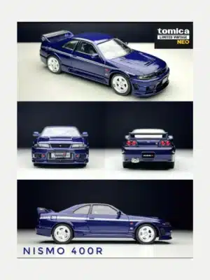 Main product collage of the Tomytec TLV-N 1:64 Nissan Skyline GT-R R33 Nismo 400R in Navy Blue, showing front, rear, and side angles.