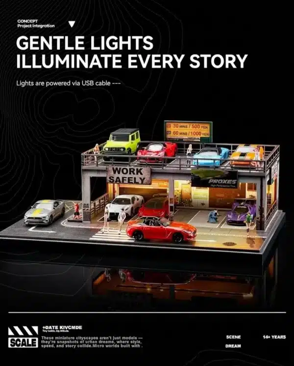 SHOU CANG JIA 1:64 SafeWork Double-Deck Parking Workshop Diorama (LED Light)