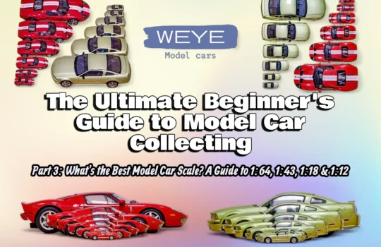 An image answering "what is the best model car scale?" by showing a visual size comparison of a red Ford GT and a gold Mustang in multiple scales, from small 1:64 up to large 1:18 and 1:12.