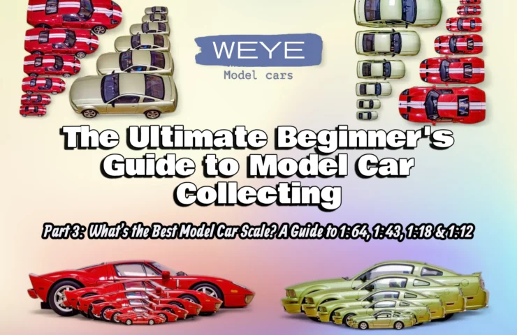 An image answering "what is the best model car scale?" by showing a visual size comparison of a red Ford GT and a gold Mustang in multiple scales, from small 1:64 up to large 1:18 and 1:12.