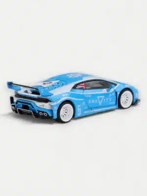 Rear angle of MINI GT 1:64 Huracán GT LB★WORKS diecast car highlighting the massive GT wing.