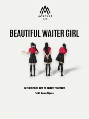 Rear view of the Moreart 1:64 waiter figures showing detailed hair sculpting, apron straps, and uniform painting quality.