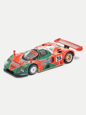 A front 3/4 view of the POP RACE 1:64 Mazda 787B #55 diecast model car, showcasing the iconic orange and green Renown livery.