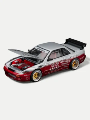 Pop Race 1:64 Nissan S13 Moontech diecast car with opening hood revealing detailed SR20 engine bay.