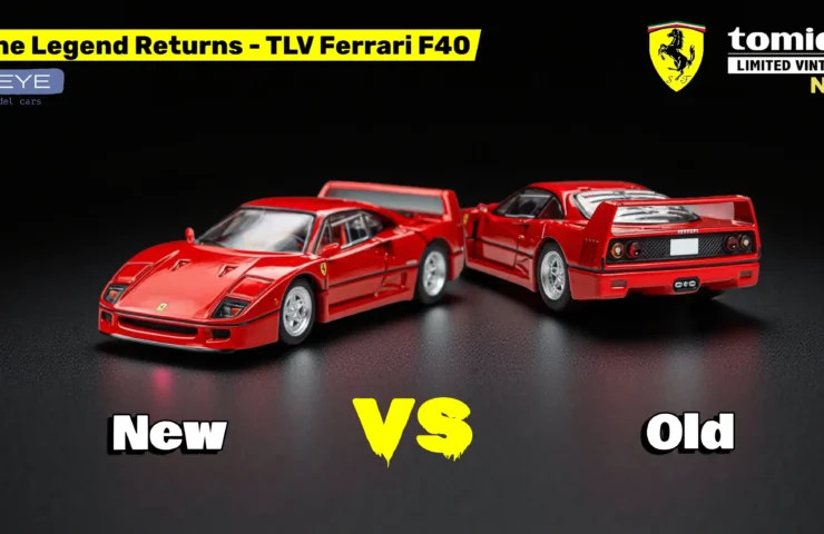 Cover image for the Weye Model Cars review: Side-by-side comparison of the New 2025 vs. Old 2019 Tomica Limited Vintage Ferrari F40 1/64 models.