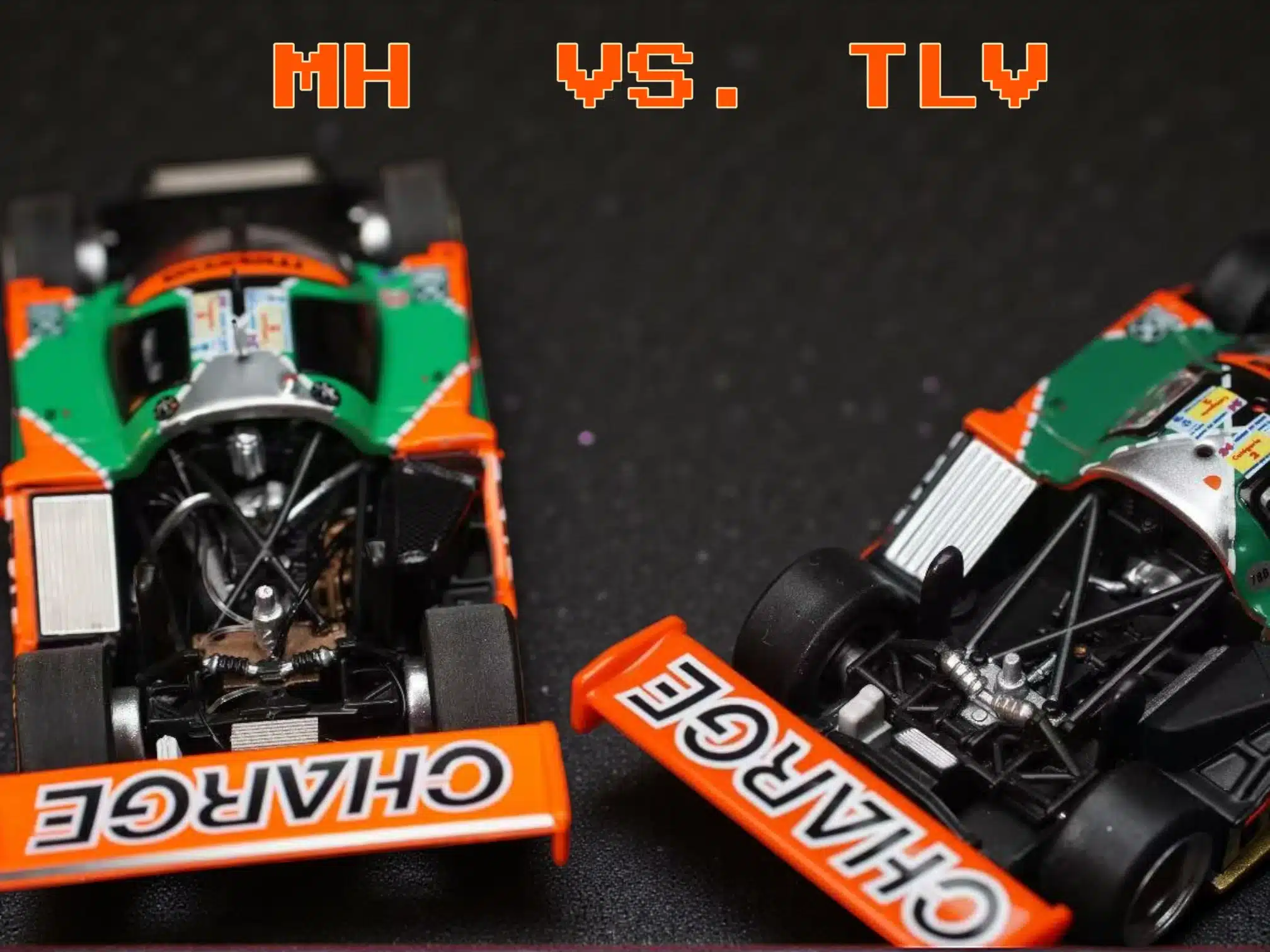 Side-by-side engine comparison of Motorhelix (MH) and TLV 1:64 Mazda 787B diecast models, highlighting MH 3D independent piping vs TLV embossed engine mold.