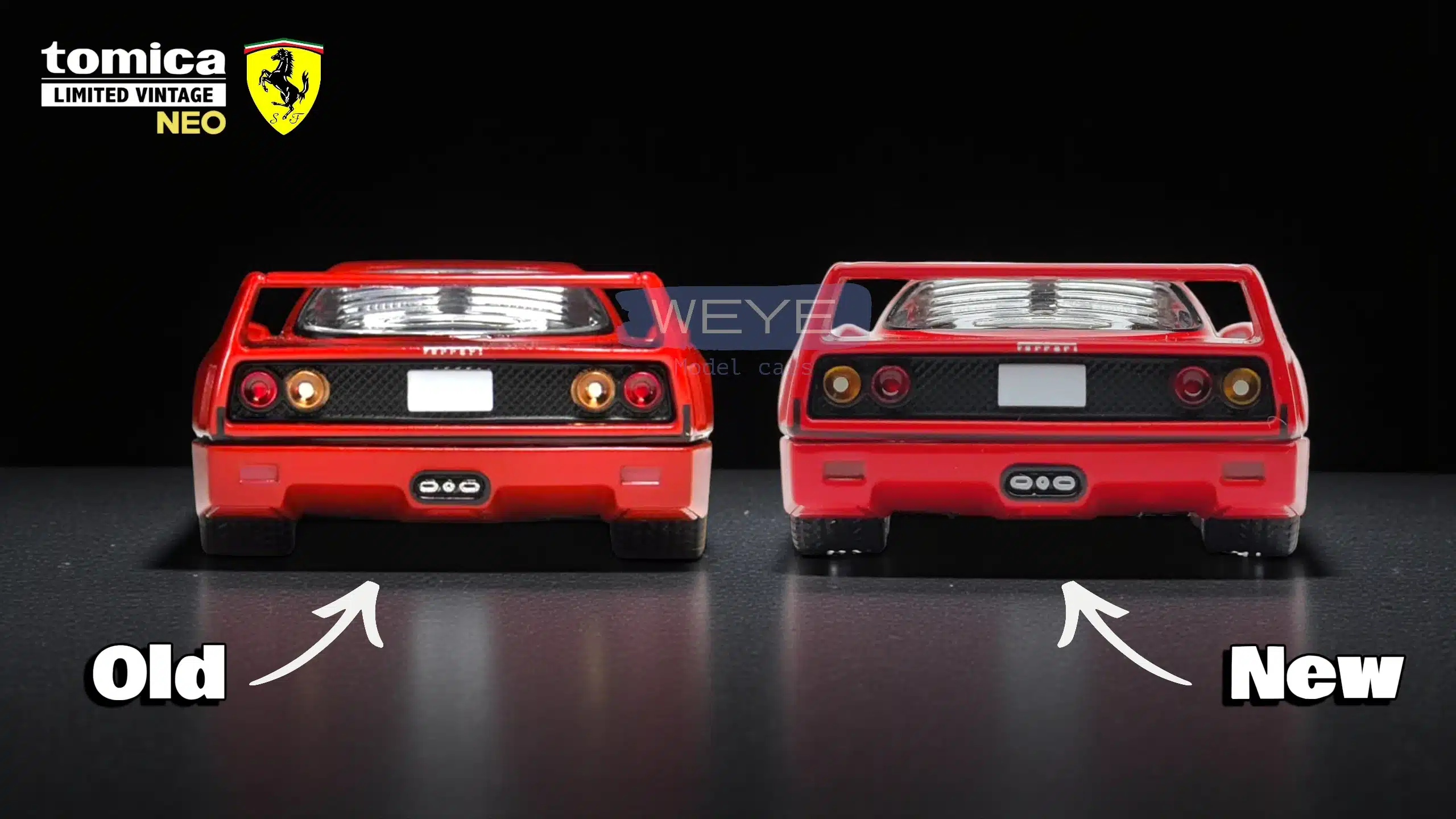 Weye Model Cars exclusive comparison: The corrected Euro-spec taillights on the new 2025 TLV Ferrari F40 vs the original release.